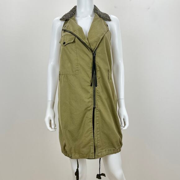 Diesel Dress Beaded Collar Grunge Punk Khaki Utility Glam Rock Zip Y2K Small - Picture 1 of 16
